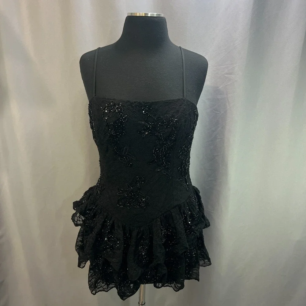 Windsor Midnight Magic Mini Dress Women Large Black Sequin Lace Spaghetti Straps